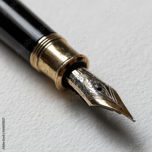 A sleek dip pen featuring a shiny metal nib, elegant design.
