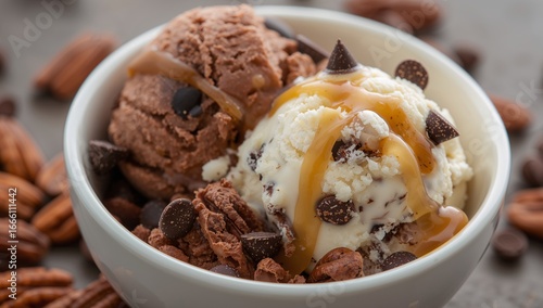 Delicious Scoops. A Sweet Treat with Chocolate, Caramel, and Nutty Textures.