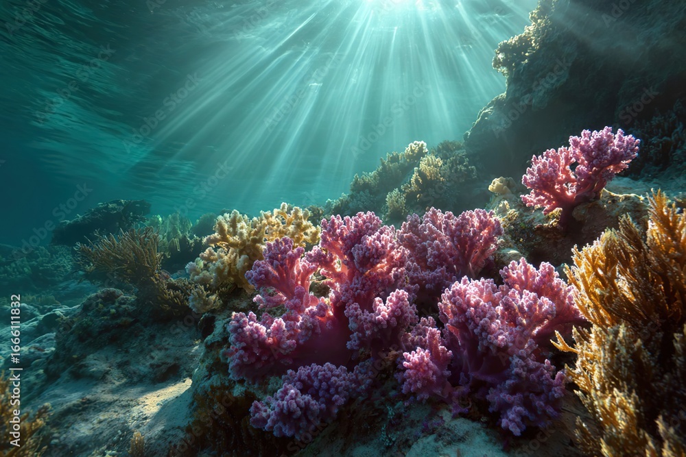 Obraz premium Underwater scene with vibrant coral reefs. Colorful corals in shades of pink and purple, surrounded by clear blue water and sun rays penetrating from above.