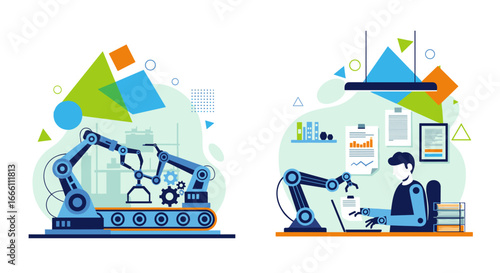 Modern automation system illustration showcasing robotics in manufacturing and office tasks perfectly complements technology design