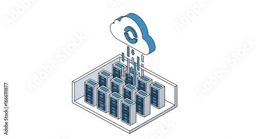Isometric cloud data center servers network synchronization vector illustration technology digital storage internet hosting infrastructure processing blue concept icon graphic