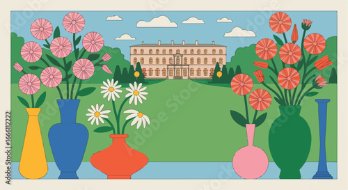 Colorful vases with flowers in front of a grand building and landscape