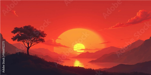 Beautiful sunrise over a rugged mountain landscape with fiery orange clouds and a clear sky