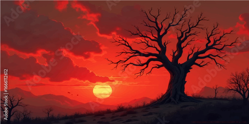 A vibrant Halloween night landscape silhouette against a fiery orange and yellow sunset sky