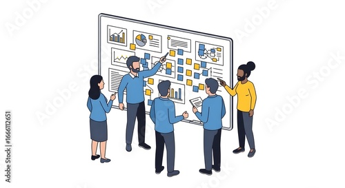Business team meeting discussing strategy data charts on whiteboard Collaboration Isometric Vector Analysis Planning Success