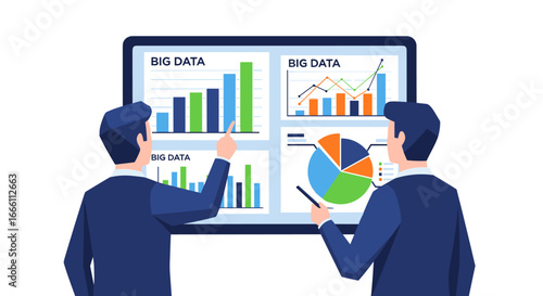Analysts discuss big data insights on digital dashboard displaying charts and graphs for business strategy