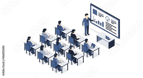 Isometric business presentation training session instructor teaching diverse audience corporate education learning data strategy analysis vector