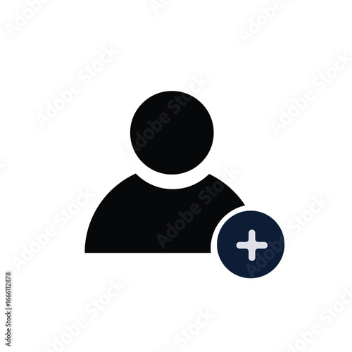 Vector illustration of an add male user icon, showing a person silhouette with a plus sign. Ideal for representing new user, account