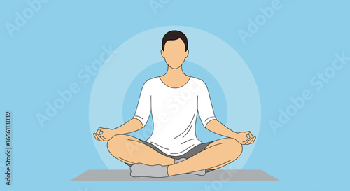 Serene person meditating peacefully in lotus pose, finding inner calm on blue background