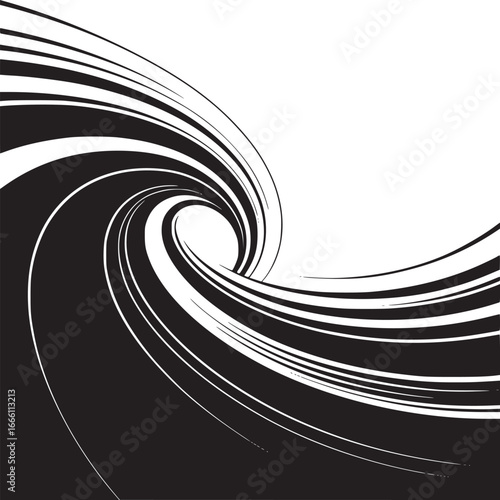 Dynamic swirling lines create a striking modern background with bold black and white contrast design