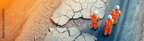 Workers assess damage on a cracked road surface, highlighting infrastructure challenges.