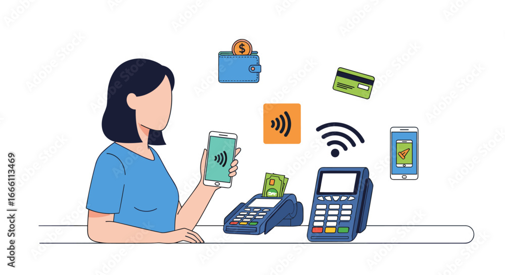 Fototapeta premium Woman using phone for contactless payment at POS terminal, modern digital transaction
