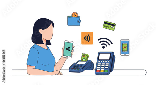 Woman using phone for contactless payment at POS terminal, modern digital transaction