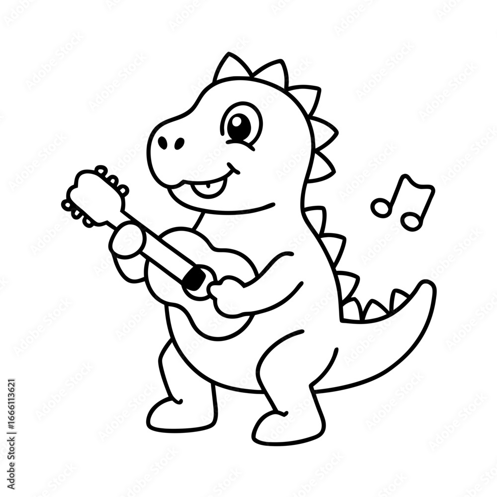Obraz premium Adorable Cartoon Dinosaur Playing Ukulele: Cheerful, Line Art Illustration for Children's Book, Music, or Educational Designs.