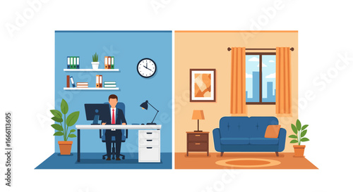 Modern work-life balance concept with professional working in office and relaxing at home