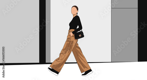 Stylish woman confidently strides forward in modern minimalist fashion, embodying elegance and chic style