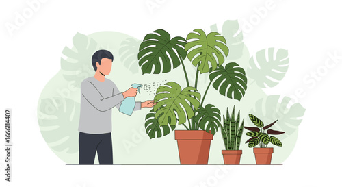 Man tending to his indoor plants with care and affection in a bright home environment. Cultivating a green space