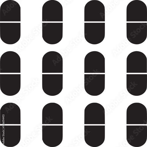 Black capsule pills arranged in a pattern against a white background for medical or pharmaceutical needs