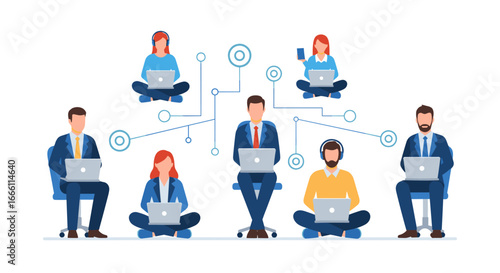 Diverse team collaborating remotely with laptops and headsets for global business success and communication