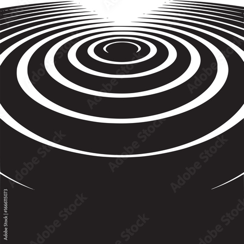 Striking black and white concentric circles ripple outward into the distance creating an optical illusion