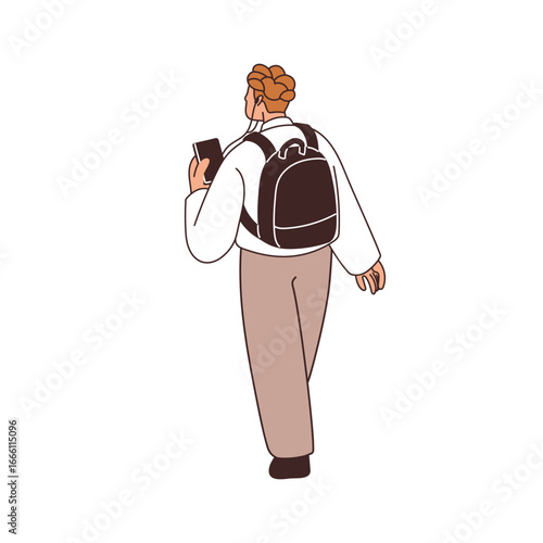 Man walking with mobile phone in hand, listening music with earphones. Male w...