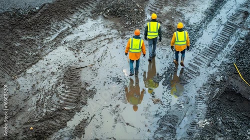 Workers in safety gear assess a construction site after rain in the early morning hours with muddy conditions and tire tracks
