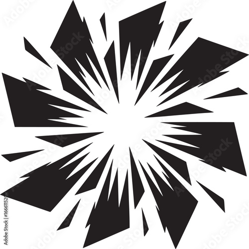 Dynamic black abstract explosion design element with sharp geometric shards for modern backgrounds