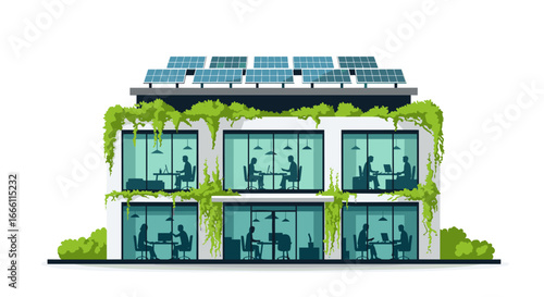 Eco-friendly office building with solar panels and greenery creates a sustainable and modern work environment