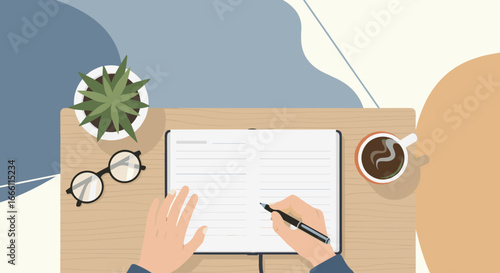 Get inspired writing in a notebook with coffee and plant for a mindful, productive workspace aesthetic