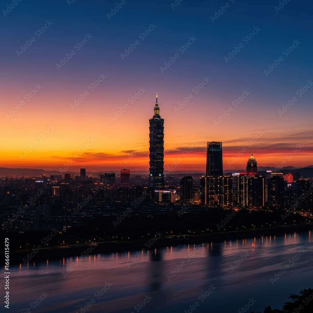 Obraz premium Twilight cityscape view over Taipei reflecting on the river at night