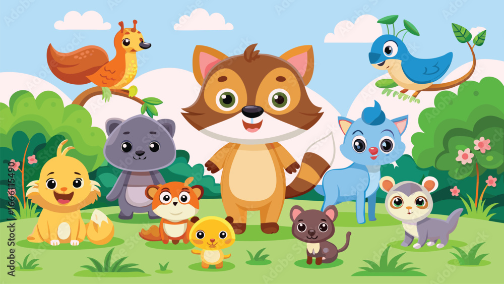 Fototapeta premium Whimsical Forest Scene with a Diverse Group of Cute Cartoon Animals illustration