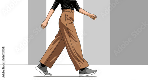 Stylish woman confidently strides forward in wide leg trousers for fashion forward editorial use