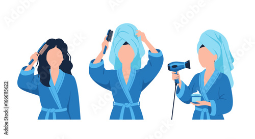 Elegant woman grooming routine concept with blue bathrobe, towel, hair dryer and hairbrush for skincare ads