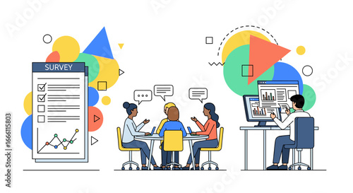 Team analyzing survey data for business strategy and growth in a modern workplace environment