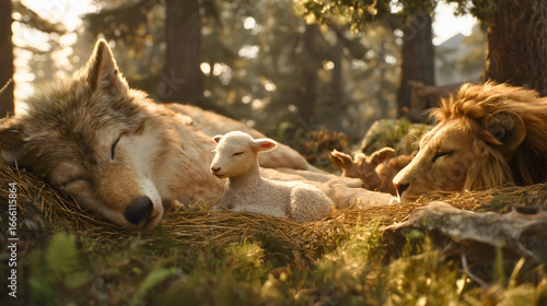 The Peaceable Kingdom from Isaiah's prophecy, a lion, lamb and wolf resting together in peace, a holy symbol of harmony, friendship and trust, Christian hope for a new heaven and earth.