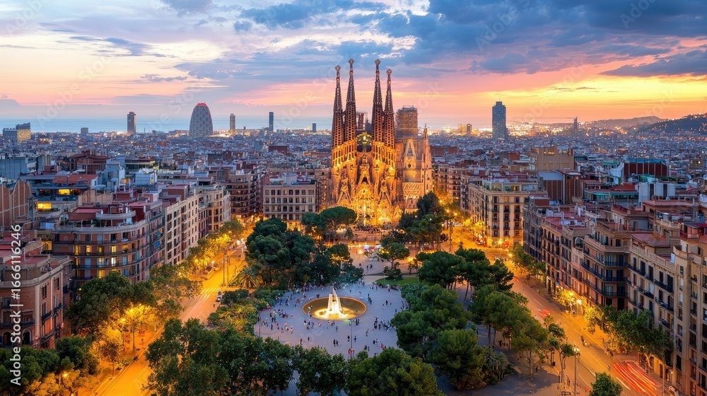 Naklejka premium Stunning Aerial View of Barcelona with Sagrada Familia at Sunset Illuminating the Cityscape and Mediterranean Sea