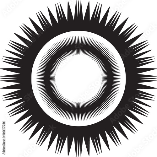Bold abstract black and white radial design element with dynamic spiky sunburst pattern for modern artwork