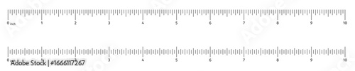 Ruler scale with markings and numbers. Size indicators measuring tool. Ruler scale with inches, half, quarter and eighth units. Vector