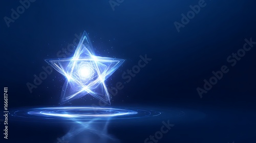 Star with glowing light effect on a blue background, vector presentation design template banner for product showcase and promotion. Hologram of high-tech, futuristic technology.