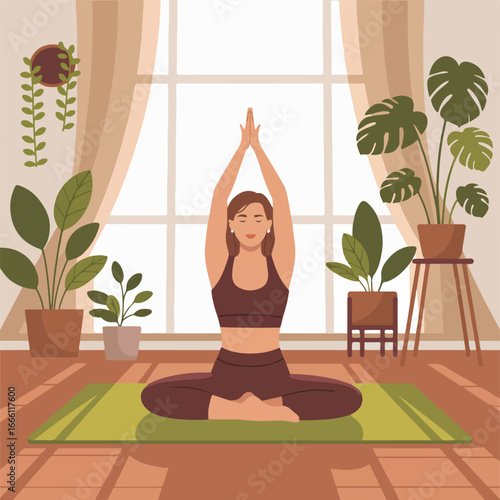 A woman in lotus position with arms raised in a room with plants and a window showing sunlight beams