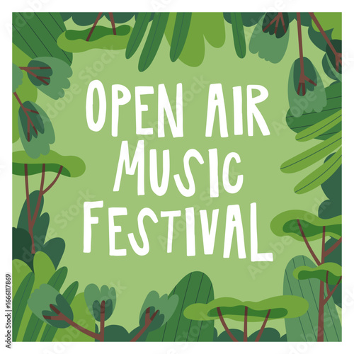 Open air music festival, square card. Summer fest in park, framed background design with green nature, grass field, trees, fresh greenery and typography in modern style. Flat vector illustration