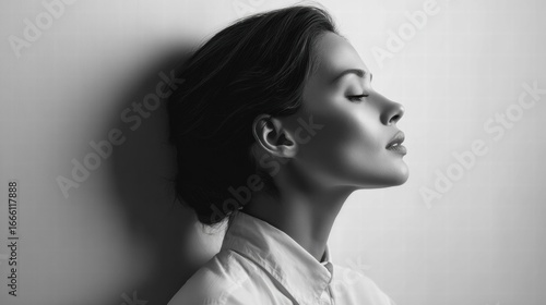 A beautiful woman's profile is captured in a black and white portrait, showcasing her elegance.