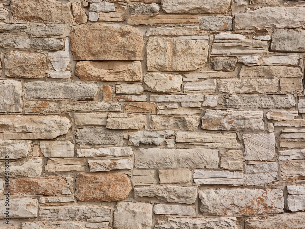 Fototapeta premium Neutral Stone Facade Architectural Detail with Rough Texture and Varying Shades.