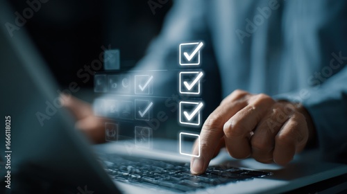 Laptop with digital checklist and check marks