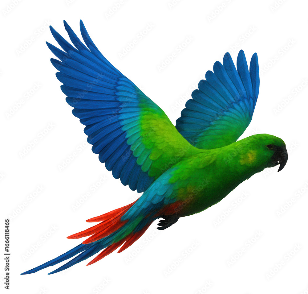 Obraz premium Silhouette of a flying parrot with colorful plumage