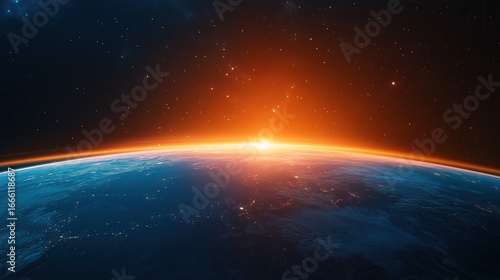 Fototapeta Naklejka Na Ścianę i Meble -  Abstract view of Earth from space with orange light rising over the horizon, symbolizing new beginnings and hope for global unity in a futuristic cosmic scene