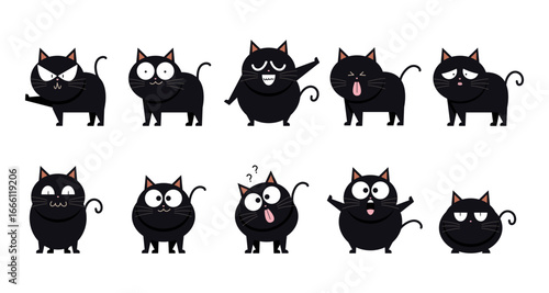 Set a cute cat isolated on a white background. A collection of cats. A black cat with a funny and cute face. Happy Halloween. Flat cartoon style. Vector illustration