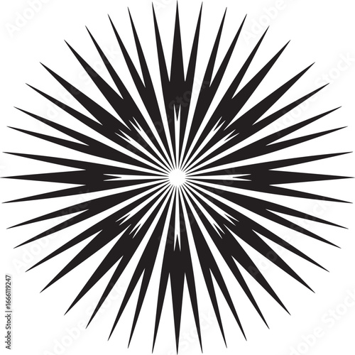 Dynamic burst of spiky radiating lines creating a bold, geometric abstract design element for modern projects