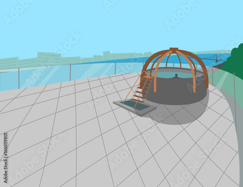 Graphic picture of landscape view on Rudas thermal roof bath in Budapest, Hungary.