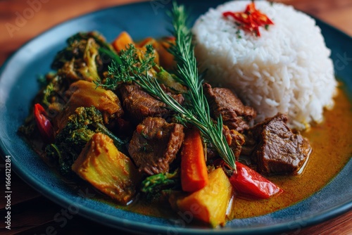 Delicious plate of curry with rice, broccoli, carrots, and herbs on a dark blue plate